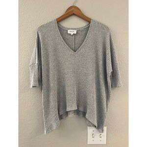 Korye Womens Gray Ribbed V-Neck Oversized‎ Knit Top Short Sleeve NT16423B Small